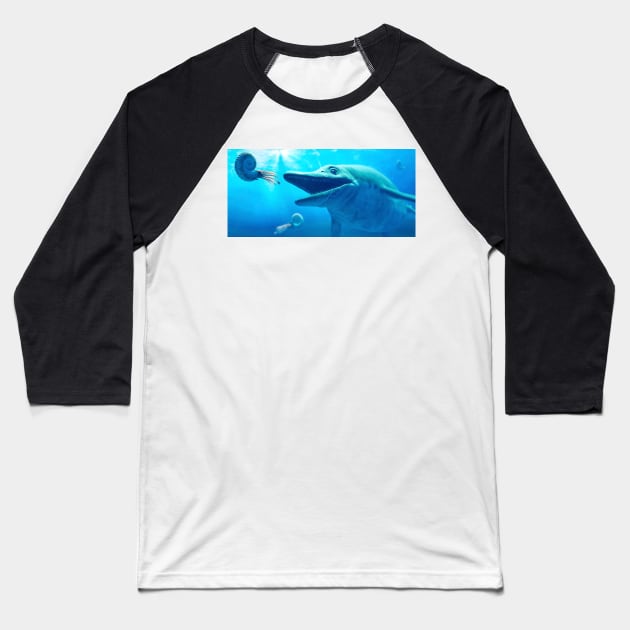 Ichthyosaurus hunting ammonites, illustration, (F033/6186) Baseball T-Shirt by SciencePhoto